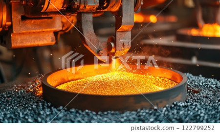 Molding industrial concept. Heavy Machinery Pressing Molten Metal Into Industrial Manufacturing Process 122799252