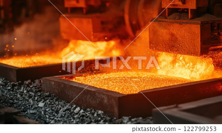 Molding industrial concept. Heavy Machinery Pressing Molten Metal Into Industrial Manufacturing Process 122799253