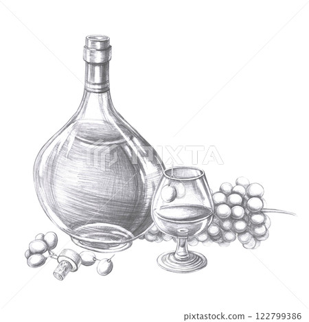 Bottle of cognac, glass and big bunch of grapes in pencil. Isolated illustration on the theme of alcoholic drinks for menu design, cookbook, gastronomic magazines and festivals. Bottle of cognac, glass and big bunch of grapes in pencil. Isolated illustration on the theme of alcoholic drinks for menu design, cookbook, gastronomic magazines and festivals. 122799386
