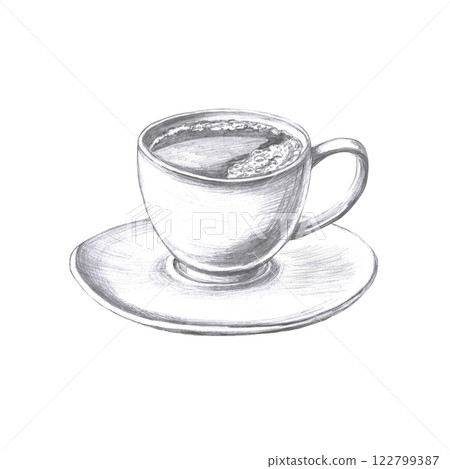 Coffee cup with saucer. Pencil isolated illustration for cafe design, menu design and cookbooks. 122799387