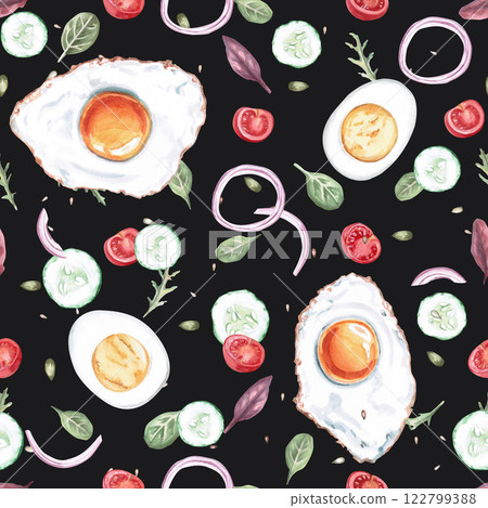 Seamless pattern with salad leaves, tomatoes, fried eggs, onion rings on a black background. Watercolor illustration on the theme of breakfast for restaurant menu design, interior decoration. Seamless pattern with salad leaves, tomatoes, fried eggs, onion rings on a black background. Watercolor illustration on the theme of breakfast for restaurant menu design, interior decoration. 122799388
