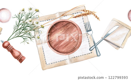 Seamless border with homemade breakfast serving. Isolated watercolor illustration in realistic style on food theme for restaurant design, packaging printing. 122799393