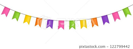 Festive flag garland. Carnival park with flags. Birthday, circus border decoration. 122799442