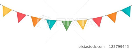 Colorful triangle flags on rope for decoration of party, holiday, event, festive, celebration Colorful triangle flags on rope for decoration of party, holiday, event, festive, celebration 122799443