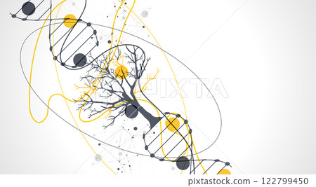 Abstraction on a scientific medical theme. Creative image of a DNA molecule with art elements. 122799450