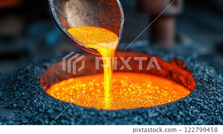 Molding industrial concept. Molten Metal Flowing Smoothly into a Foundry Process Molding industrial concept. Molten Metal Flowing Smoothly into a Foundry Process 122799458