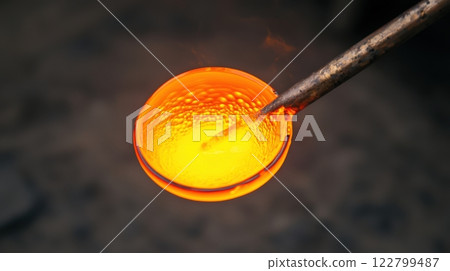 Molding industrial concept. Robotic Arm Shaping Molten Glass into Elegant Form for Industrial Manufacturing 122799487
