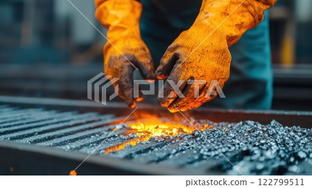 Molding industrial concept. Worker in Heat Resistant Gloves Guiding Molten Metal in Industrial Setting 122799511