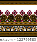 Indian ethnic tribal fabric pattern featuring floral designs in yellow and pink tones ethnic . Inspired by traditional Indian ethnic painting, this design embodies meticulous beauty and cultural elega 122799583