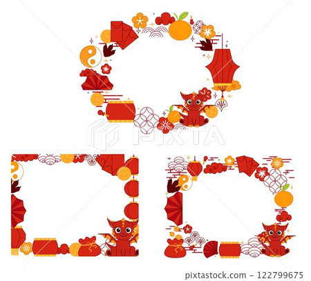 Happy Chinese new year 2036 red Dragon. Lunar lantern festival new year oval frame set for show product. Vector graphic line CNY lunar lantern festival Greeting card. Happy Chinese new year 2036 red Dragon. Lunar lantern festival new year oval frame set for show product. Vector graphic line CNY lunar lantern festival Greeting card. 122799675
