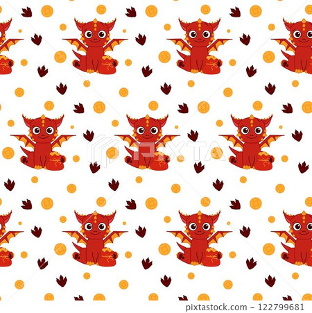 Cute red Dragons with footsteps and gold coins vector seamless pattern. Graphic line style frame and design elements on transparent background Chinese CNY lunar new year 2036 lantern festival mascot Cute red Dragons with footsteps and gold coins vector seamless pattern. Graphic line style frame and design elements on transparent background Chinese CNY lunar new year 2036 lantern festival mascot 122799681