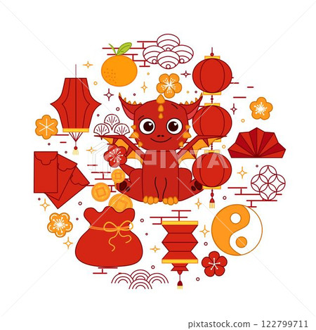CNY red Dragon 2036 circle round composition vector typographic illustration of chinese new year traditional elements. vector graphic line illustration on transparent background. lunar lantern festiva 122799711