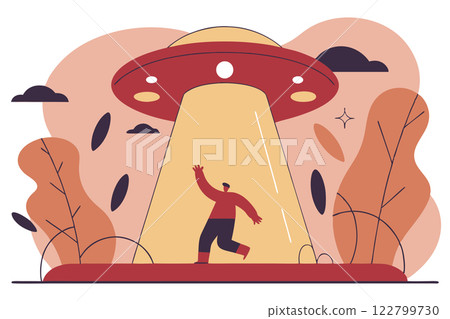 UFO flying spaceship abducts person vector illustration 122799730