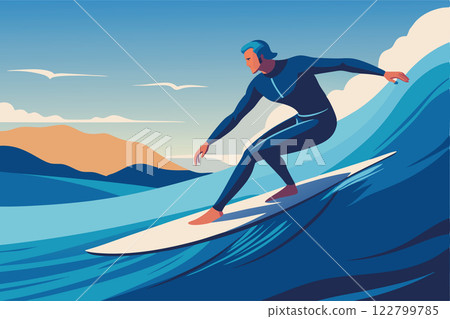 Young man balancing on a surfboard riding the wave. Water sport. Summer vacation. Tropical resort 122799785