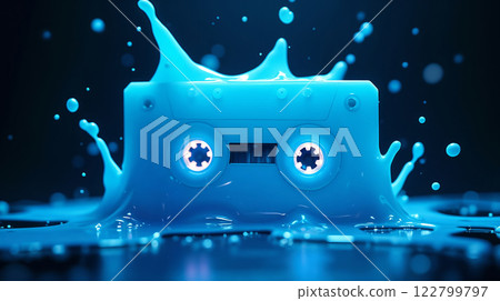 Melted Audio Tape Splattering Glowing Blue Liquid 122799797