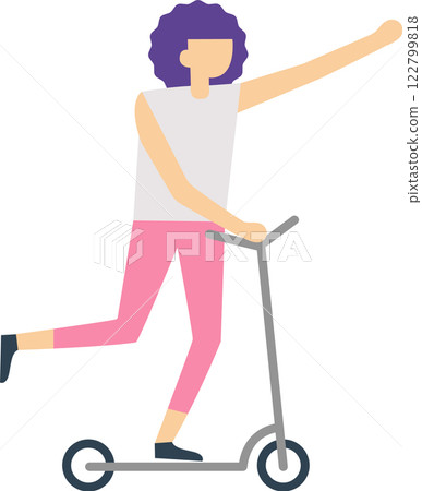 Young woman with vibrant purple hair, dressed in casual attire and pink leggings, riding a kick scooter while cheerfully waving with one hand, embodies a carefree urban lifestyle 122799818