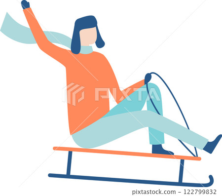 Young woman enjoys winter activities, sledding down a snowy hill while waving her arm and wearing warm clothing, creating a joyful and dynamic scene of winter leisure 122799832