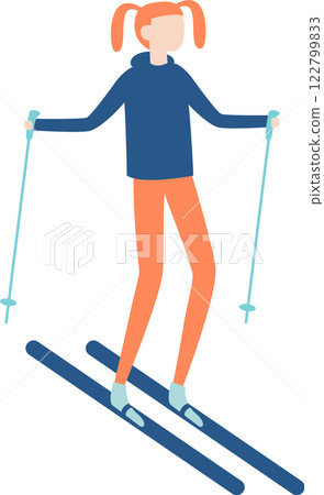 Young woman skiing downhill holding ski poles enjoying winter holidays in mountain resort wearing warm blue jacket and orange pants during leisure activity 122799833