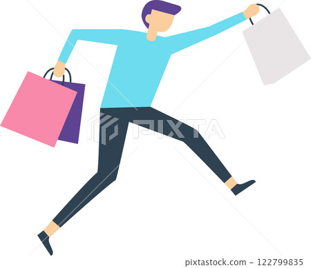 Happy customer running while holding shopping bags, reveling in the joy of retail therapy, enjoying purchases, sales, and discounts in a vibrant consumerism experience 122799835