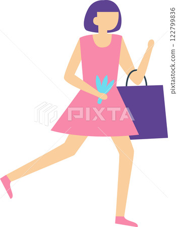Happy woman running joyfully with a shopping bag filled with flowers, radiating excitement and delight during a vibrant shopping spree, embodying the essence of retail therapy 122799836