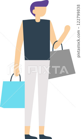 Stylish young man with purple hair is walking and holding shopping bags after a successful shopping spree, enjoying his purchases and feeling satisfied 122799838