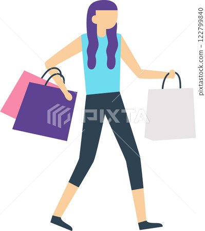 Happy female customer is walking home from shops carrying shopping bags with new purchases, enjoying her day out buying clothes and presents 122799840