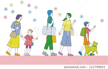 A three-generation family going out with smiles. Side view illustration. 122799841