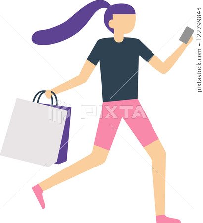 Happy customer running, holding shopping bags and using a smartphone, going home after shopping or rushing to sales, flat vector illustration isolated on white background 122799843