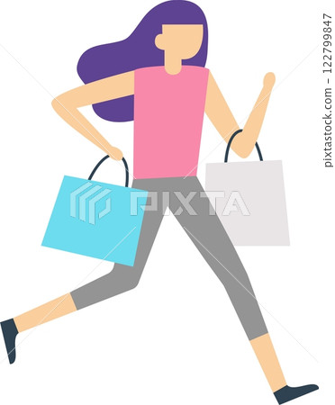 Happy customer running and holding shopping bags after a successful shopping spree, enjoying purchases and discounts, isolated on white background 122799847