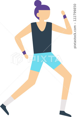 Full length illustration of a young woman with purple hair tied up in a bun, wearing a dark tank top, light blue shorts, and purple wristbands, running with one arm bent and the other extended 122799850