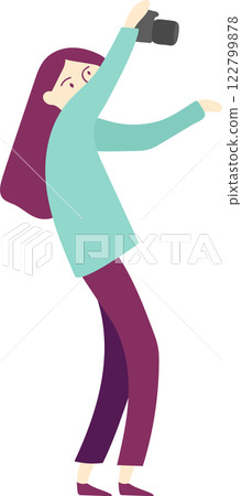 Female photographer holding a professional camera above her head, capturing a unique perspective while taking pictures. Long purple hair flows as she focuses on her creative work Female photographer holding a professional camera above her head, capturing a unique perspective while taking pictures. Long purple hair flows as she focuses on her creative work 122799878