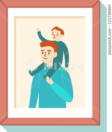 Happy family portrait representing fatherhood, showing a father carrying his son on shoulders, waving hand, framed photo hanging on the wall 122799905