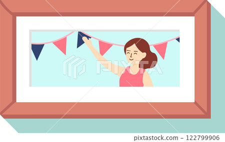 Event organizer preparing vibrant decorations, hanging colorful triangle flags on a string within a picture frame, creating a festive atmosphere for an upcoming celebration 122799906