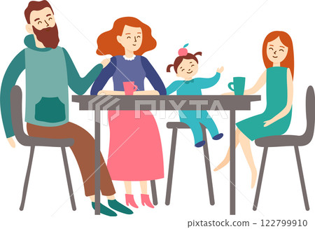 Happy family composed of mother, father, daughter and little child sitting at the table, having breakfast and enjoying time together, talking and smiling 122799910
