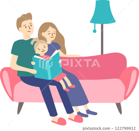 Parents and daughter spending quality time together, reading a book on a comfortable sofa in their living room, creating a warm and loving family atmosphere Parents and daughter spending quality time together, reading a book on a comfortable sofa in their living room, creating a warm and loving family atmosphere 122799912