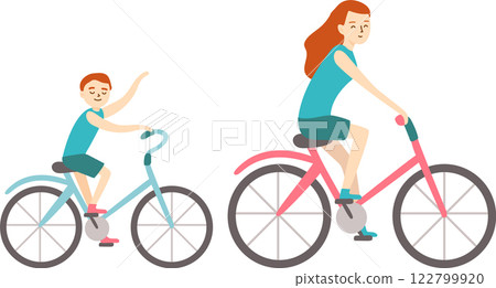 Mother and son riding bicycles, with the son waving and smiling joyfully, enjoying a fun filled summer day together in the great outdoors. Embracing freedom and adventure, they share quality time 122799920