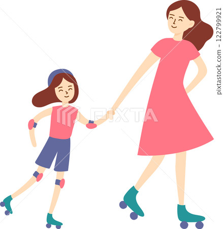 Mother and daughter, both wearing protective gear, joyfully holding hands while roller skating together, embracing fun and creating cherished memories during their outdoor adventure Mother and daughter, both wearing protective gear, joyfully holding hands while roller skating together, embracing fun and creating cherished memories during their outdoor adventure 122799921