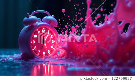 Retro Alarm Clock with Splashes of Pink Liquid 122799937
