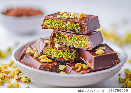 Dubai chocolate is a dessert made with milk chocolate, fried kadaifi dough, and pistachio paste 122799969