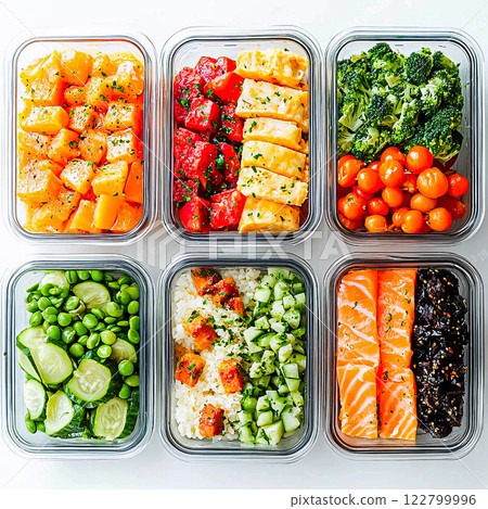 Assortment of different healthy lunches for work, healthy lunches in containers. Assortment of different healthy lunches for work, healthy lunches in containers. 122799996