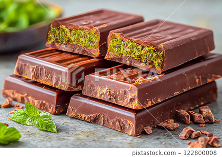 Dubai chocolate is a dessert made with milk chocolate, fried kadaifi dough, and pistachio paste 122800008