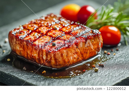 Medium rare beef steak grilled on a dark background. Top view 122800012