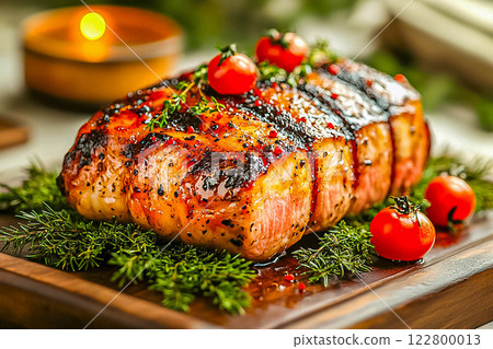 Medium rare beef steak grilled on a dark background. Top view 122800013