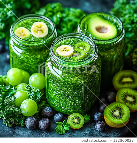 Glass jar mugs with green health smoothie. Vegan, vegetarian concept. Alkaline food. Banner Glass jar mugs with green health smoothie. Vegan, vegetarian concept. Alkaline food. Banner 122800022