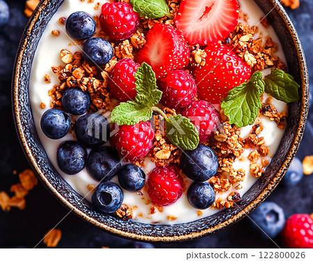 Healthy breakfast. Granola with yogurt and fresh berries. Healthy breakfast. Granola with yogurt and fresh berries. 122800026