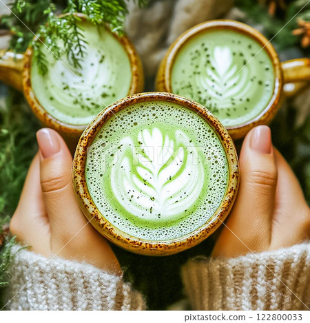 Matcha latte with green milk foam, matcha tea healthy drink. 122800033