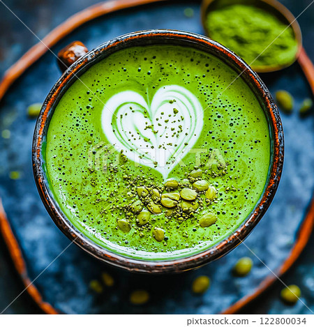 Matcha latte with green milk foam, matcha tea healthy drink. 122800034