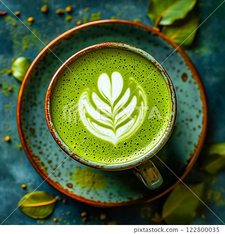 Matcha latte with green milk foam, matcha tea healthy drink. 122800035