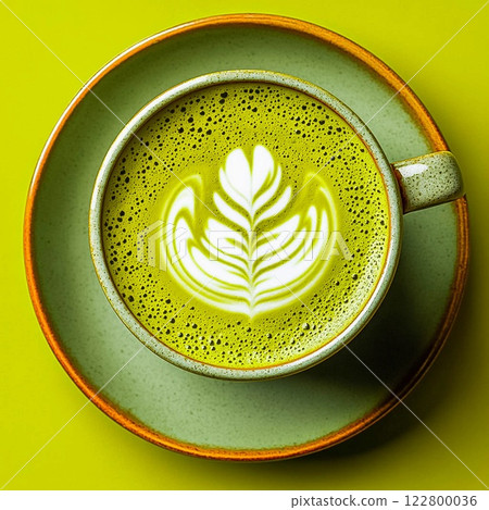 Matcha latte with green milk foam, matcha tea healthy drink. 122800036