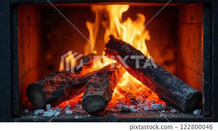Glowing embers in a metal stove Glowing embers in a metal stove 122800046